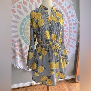 Long Bell Sleeve Dress Black and White Stripe Yellow Roses